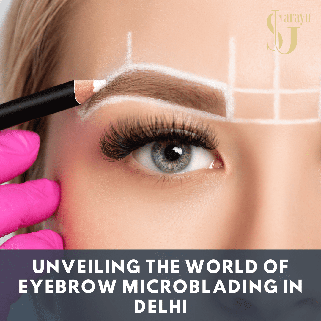 Microblading procedure in progress, using a fine blade to deposit pigment into the skin.