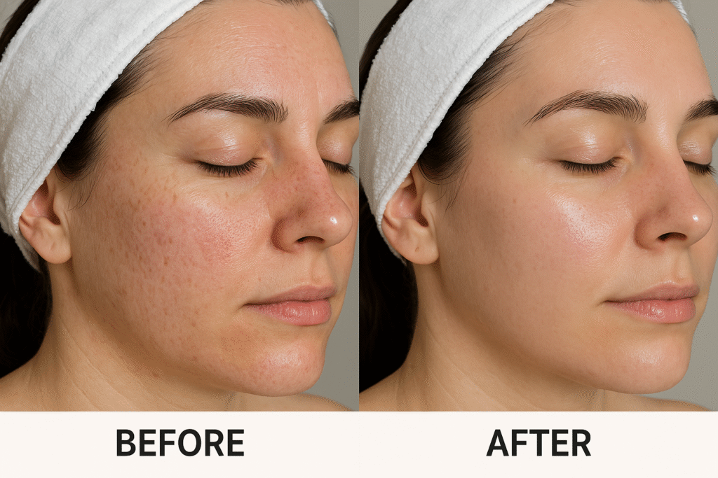 Before and after Hydrafacial in Delhi showing visible improvement in skin tone, texture, and radiance in Delhi.