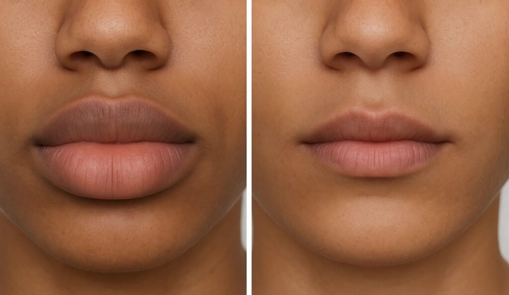 Before and after results of lip reduction surgery in Delhi, showing natural and balanced lip contours.