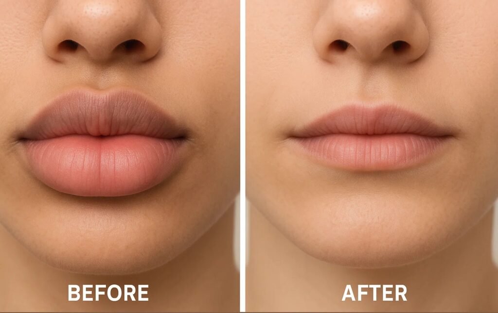 Before and after results of lip reduction treatment in Delhi, showing natural and balanced lip contours.