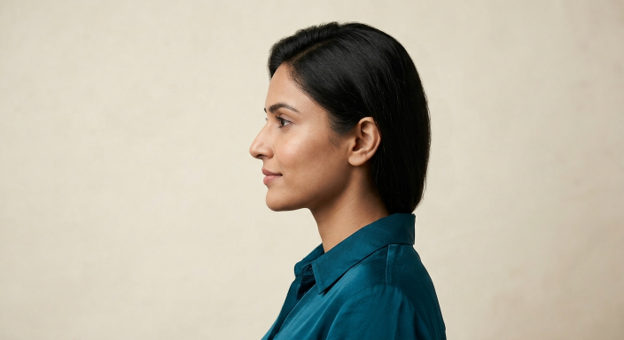 Side profile showing balanced chin projection after chin augmentation surgery in Delhi at Sarayu Clinics
