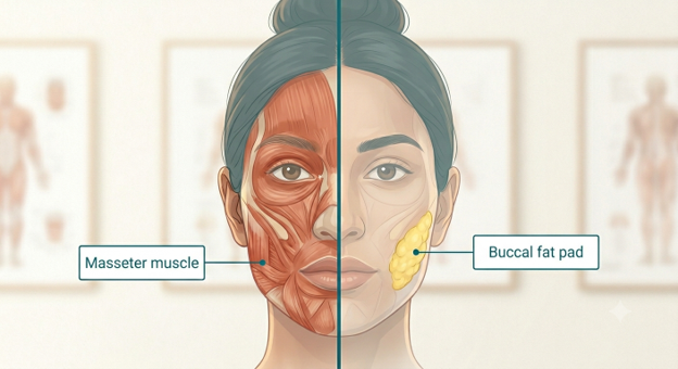 Anatomy diagram comparing masseter muscle treated by Jawtox and buccal fat pad removed in buccal fat removal surgery