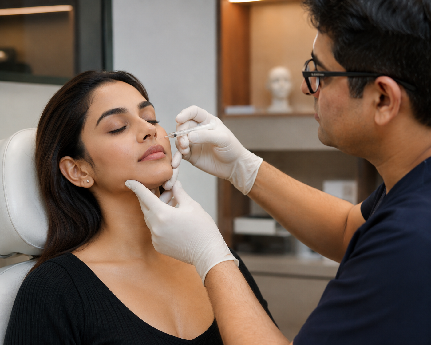 Patient receiving Cheek Fillers at Sarayu Clinics in Delhi to restore cheek volume, enhance facial contours, and achieve a naturally youthful appearance.