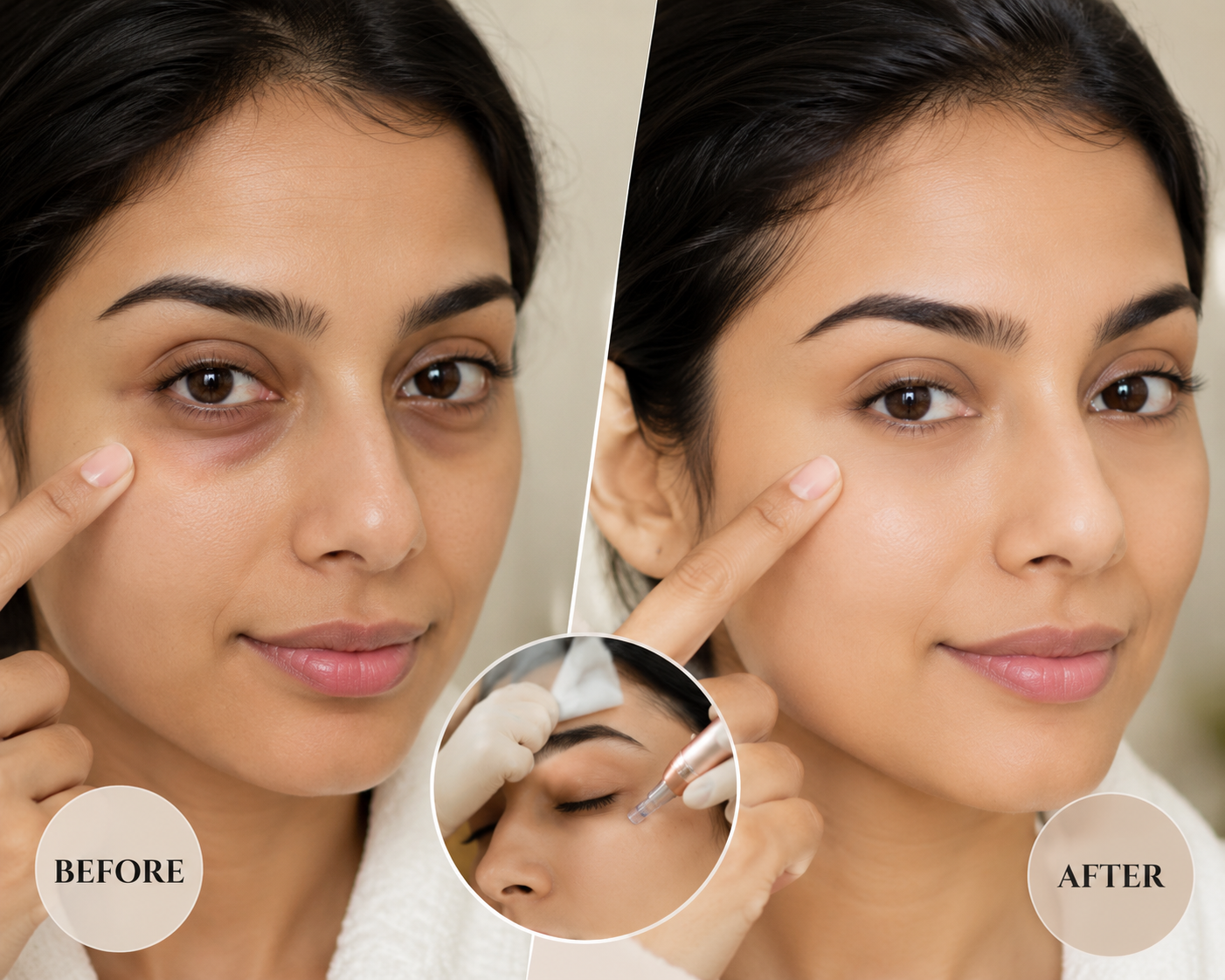 Before and after under eye treatment in Delhi showing reduced dark circles, eye bags, and smoother under-eye skin.