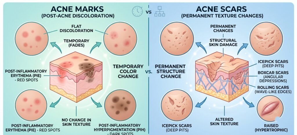 Side-by-side comparison of flat acne marks (PIH) and textured acne scar on Indian skin