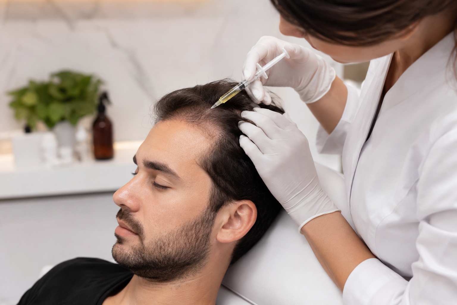 Patient receiving Mesotherapy treatment at Sarayu Clinics in Delhi for healthier hair growth and skin rejuvenation with minimally invasive therapy.