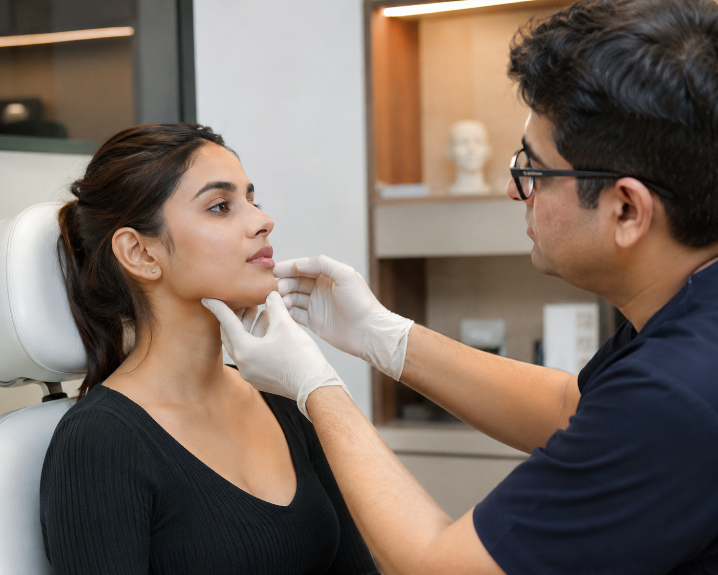 Patient undergoing Chin Implant surgery at Sarayu Clinics in Delhi to enhance chin projection, improve facial balance, and achieve a well-defined jawline.