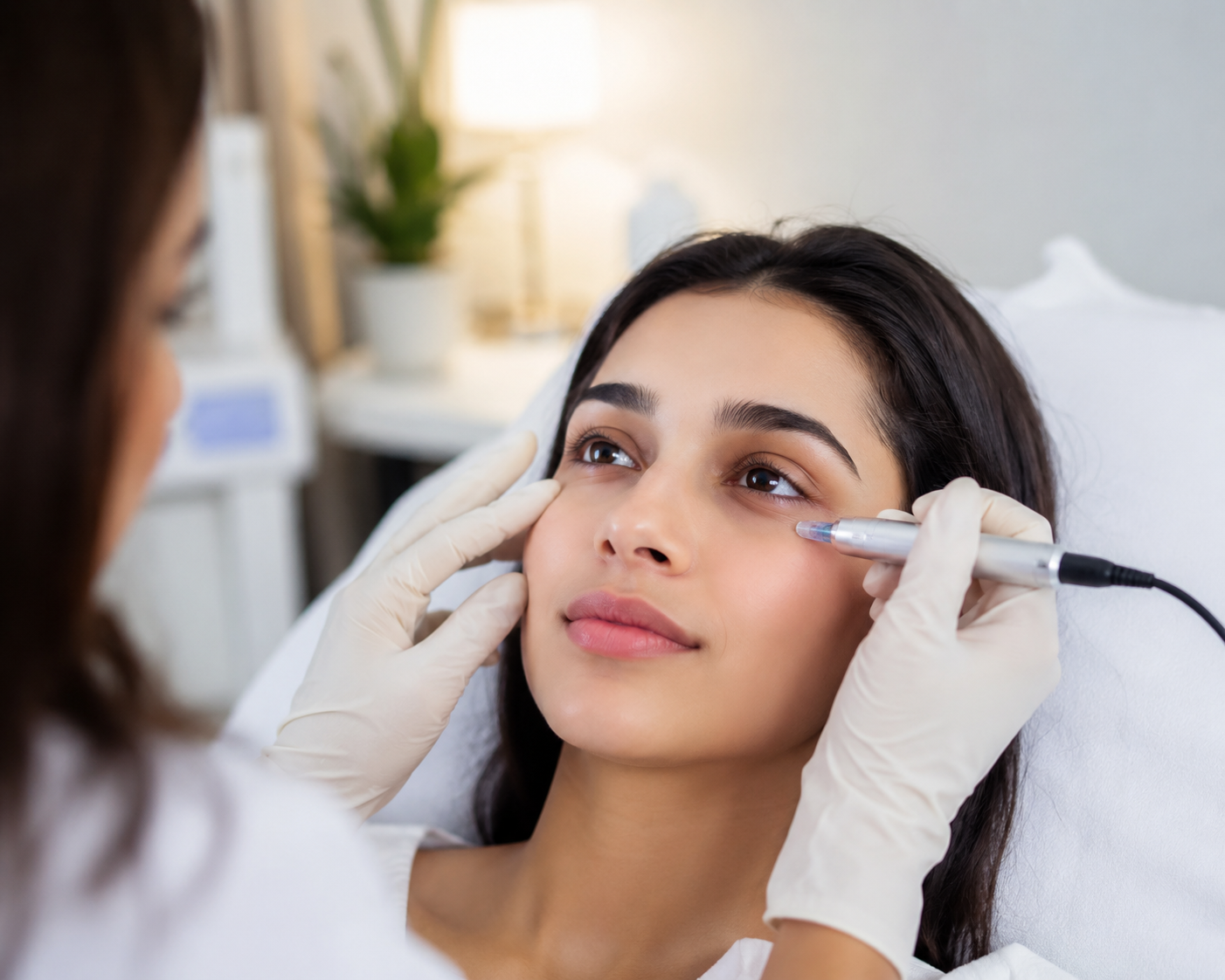Patient receiving under eye treatment at Sarayu Clinics in Delhi to reduce dark circles, eye bags, and fine lines for a brighter, refreshed appearance.