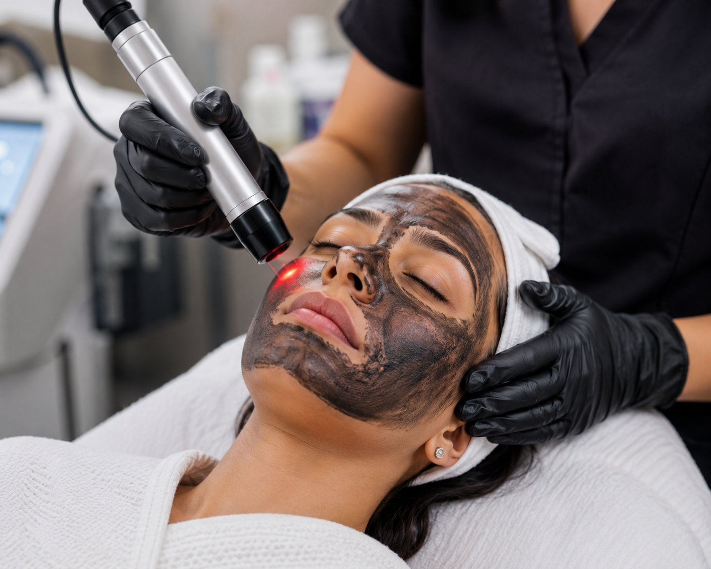 Patient receiving Carbon Peel treatment at Sarayu Clinics in Delhi to deeply cleanse pores, reduce acne, improve skin texture, and achieve a radiant complexion.