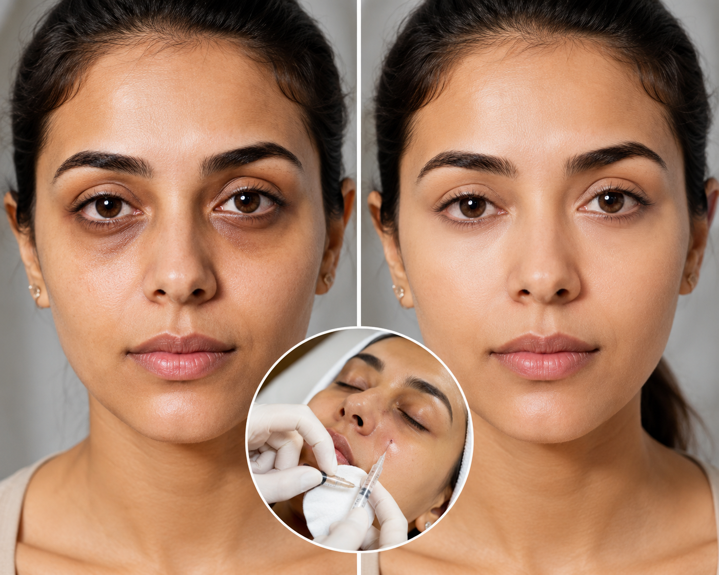 Before and after comparison of a patient showing visible improvement after dark circle removal treatment in Delhi with brighter, smoother under-eye skin.