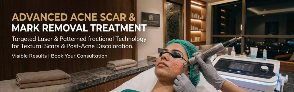 Patient undergoing advanced acne scar and acne mark removal treatment using fractional laser technology at a dermatology clinic for post-acne pigmentation and atrophic scars.