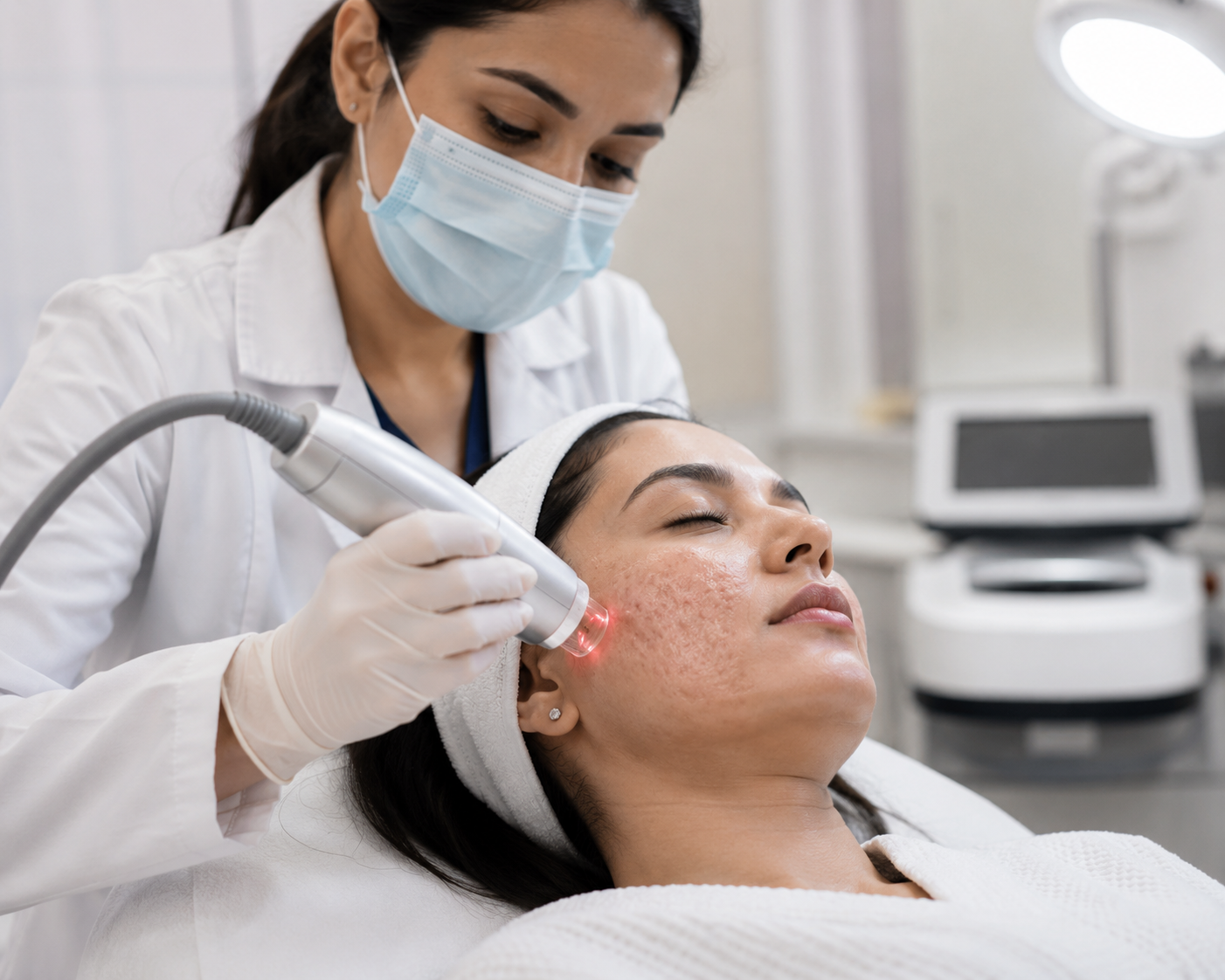 Patient receiving acne scar removal treatment at Sarayu Clinics in Delhi to reduce acne scars, improve skin texture, and achieve a smoother, clearer complexion.