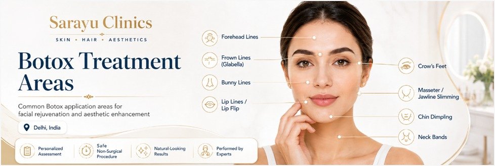 Patient receiving Botox treatment at Sarayu Clinics in Delhi to reduce fine lines, smooth facial wrinkles, and achieve a naturally refreshed appearance.