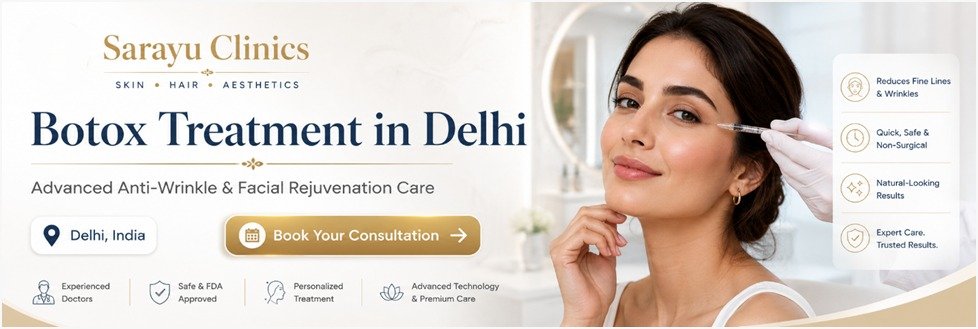 Patient receiving Botox treatment at Sarayu Clinics in Delhi to reduce fine lines, smooth facial wrinkles, and achieve a naturally refreshed appearance.