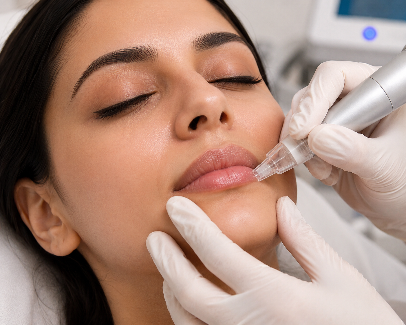 Patient receiving lip lightening treatment at Sarayu Clinics in Delhi to reduce lip pigmentation and achieve naturally brighter, even-toned lips.
