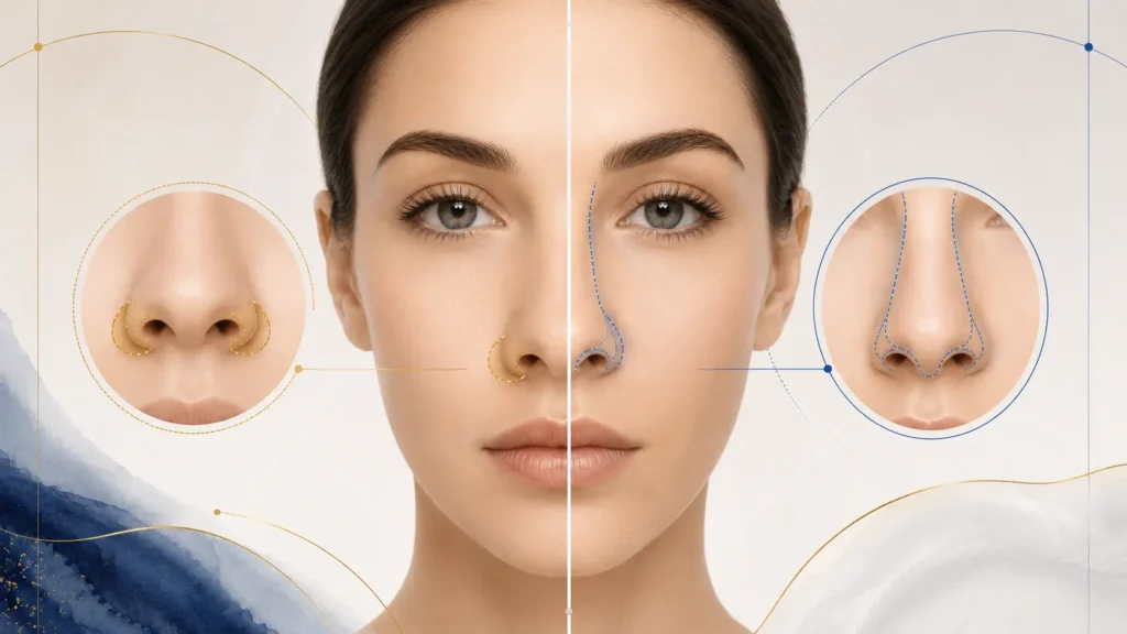 Comparison showing alarplasty treats the nostrils while rhinoplasty reshapes the whole nose