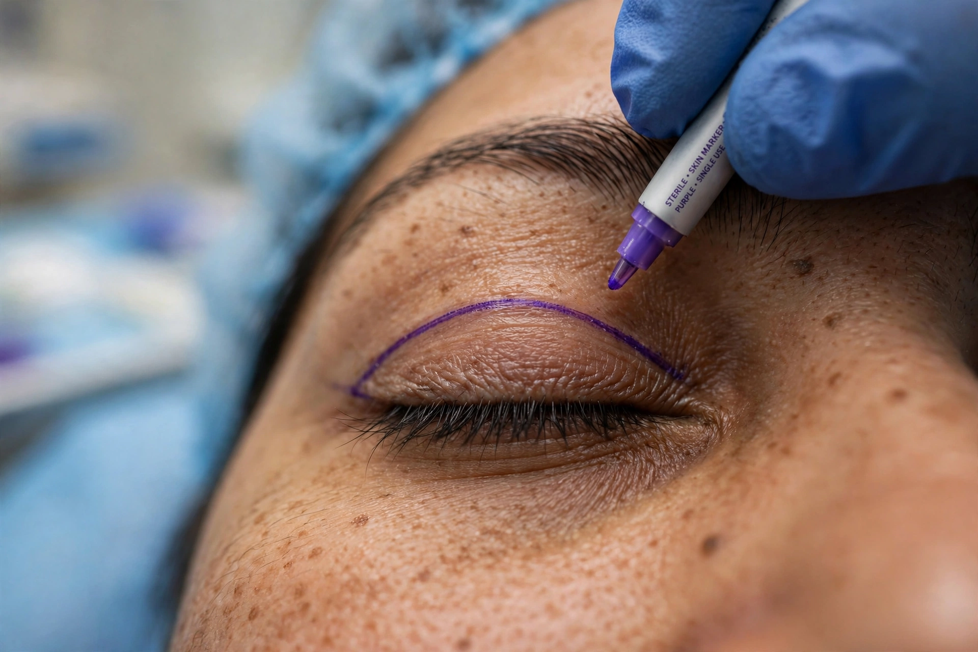Close-up zoom of upper eyelid marking before blepharoplasty treatment in Delhi
