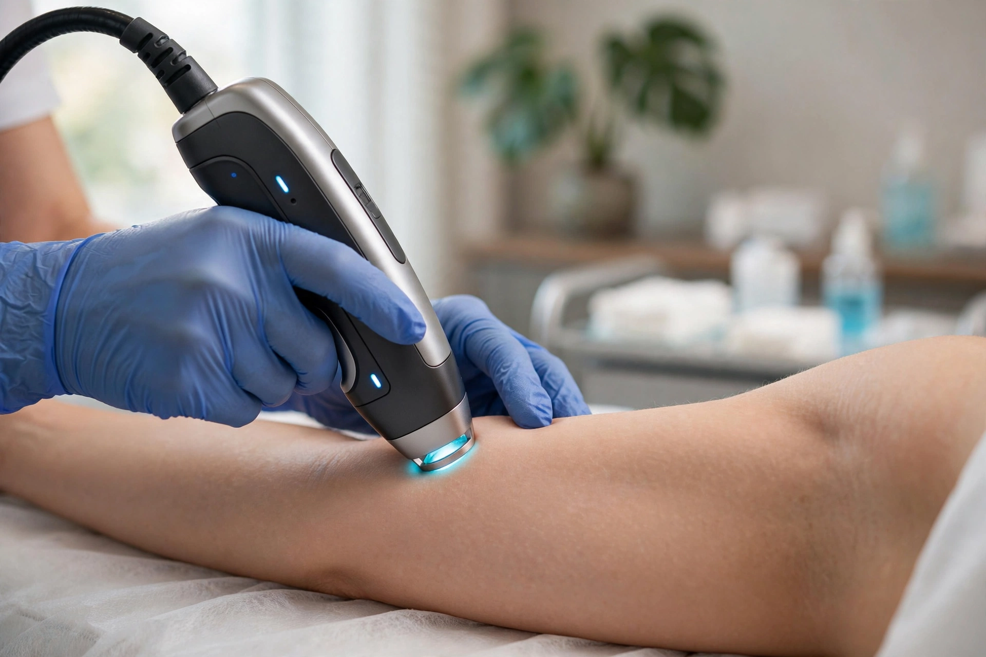 Professional technician performing Laser Hair Reduction in Delhi treatment on smooth leg skin using advanced laser technology in a premium aesthetic clinic