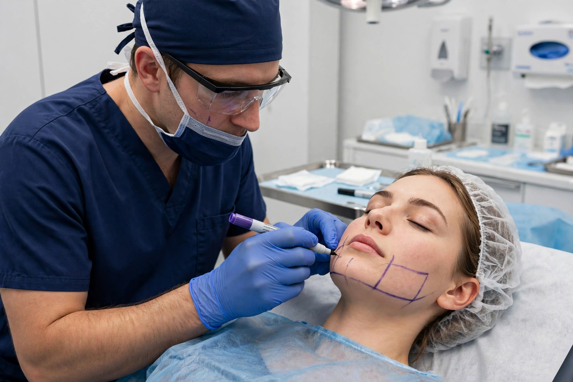 Surgeon marking cheek area for buccal fat removal surgery in Delhi to achieve sculpted facial contour