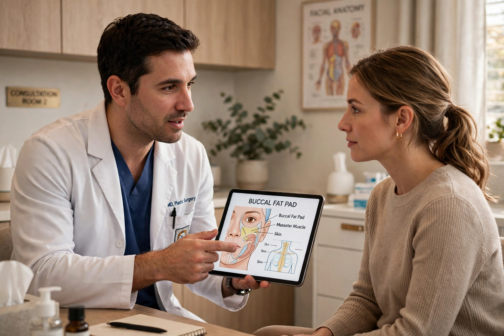 Doctor explaining buccal fat removal in delhi to patient during consultation