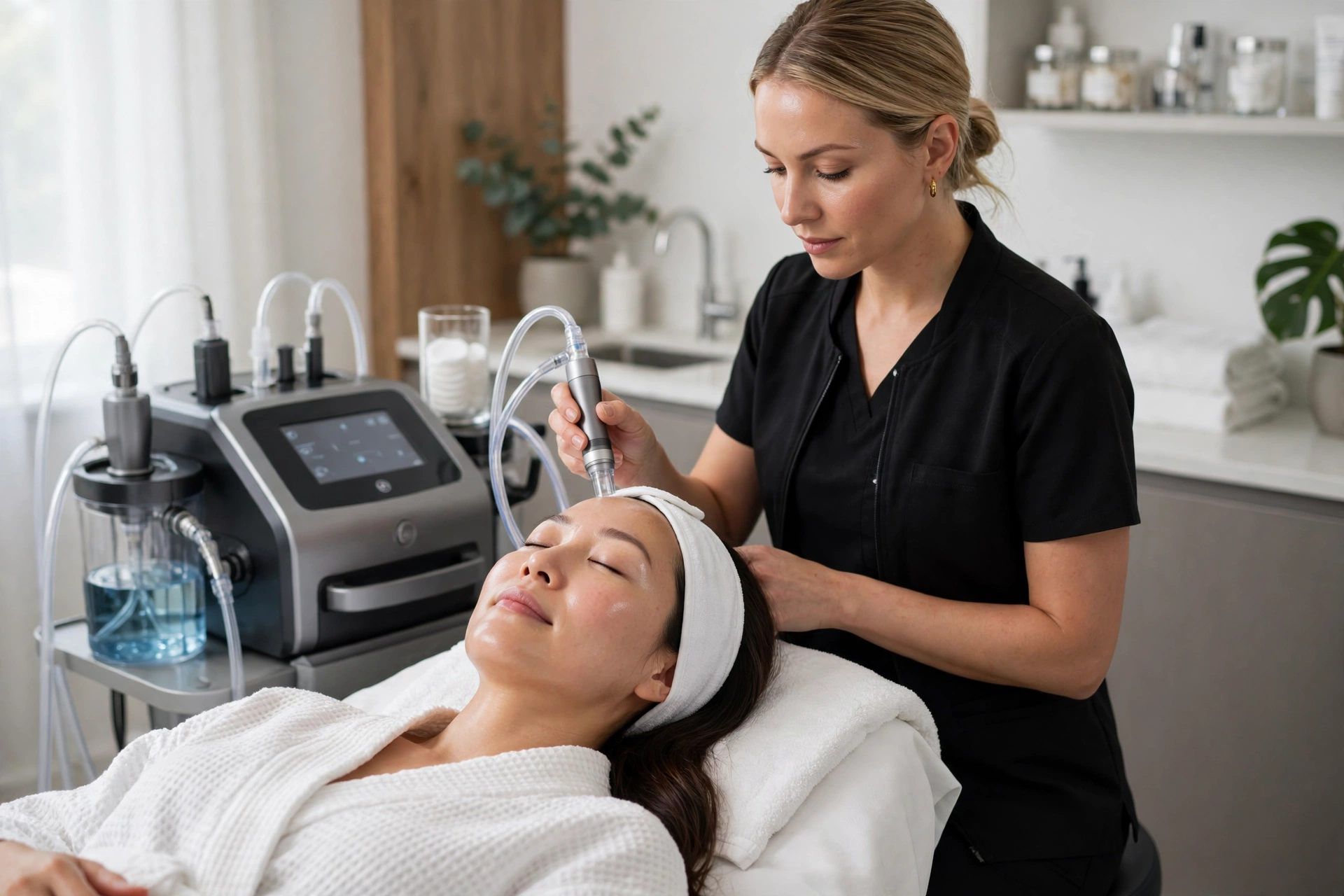 Woman receiving professional hydrafacial treatment in Delhi at advanced skin clinic for glowing and hydrated skin